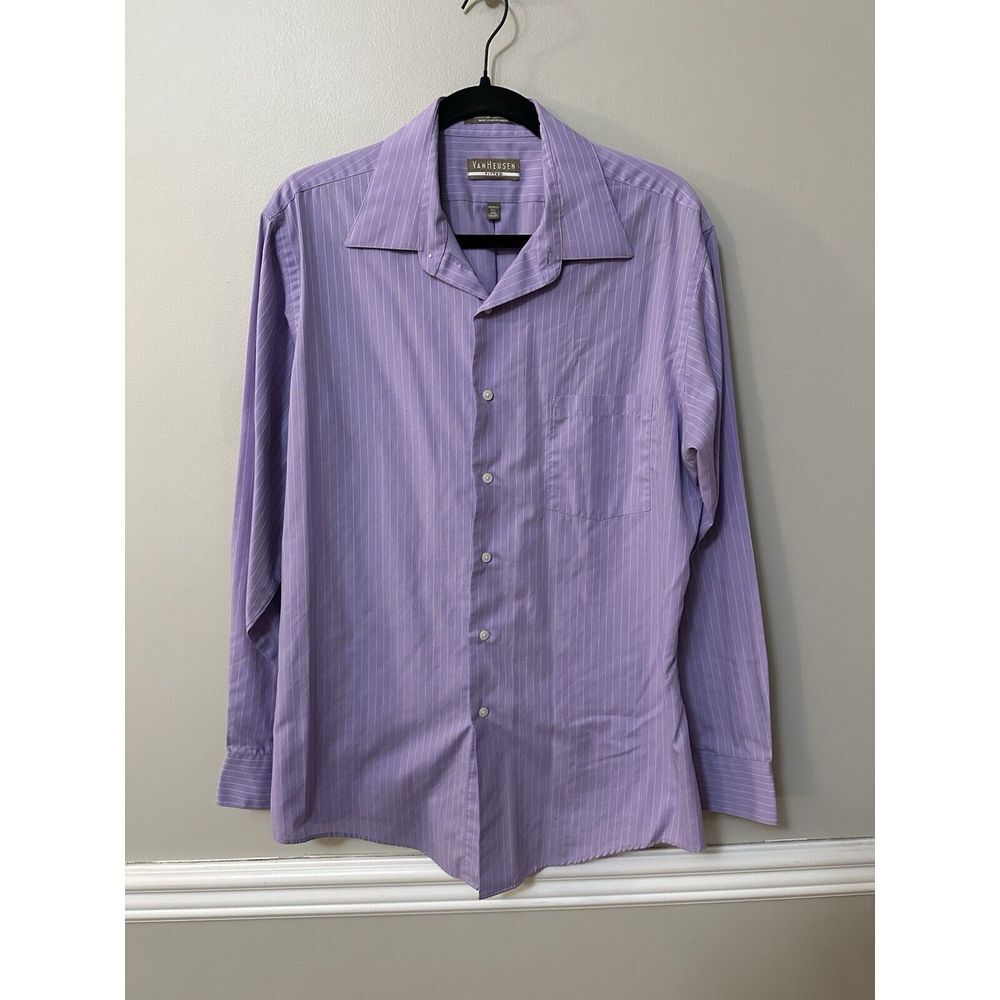 Van Heusen Mens Dress Shirt Size16.5,‎ 34/35 Purple Microcheck Wrinkle Free Flex